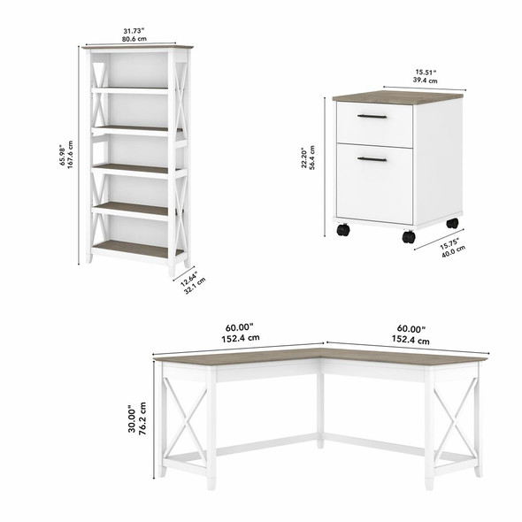 Bush Key West 60W L-Shaped Desk with Mobile File Cabinet and 5 Shelf Bookcase Shiplap Gray - KWS016G2W