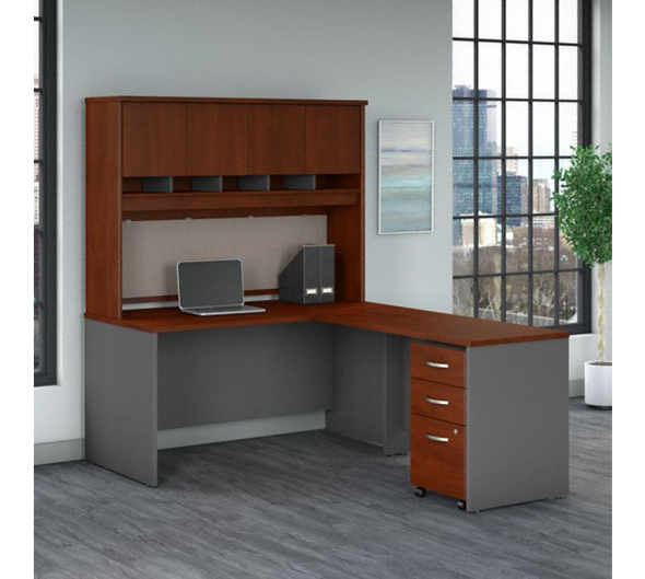 Bush Business Furniture Series C 60W L Shaped Desk with Hutch and Mobile File Cabinet in Hansen Cherry - SRC147HCSU