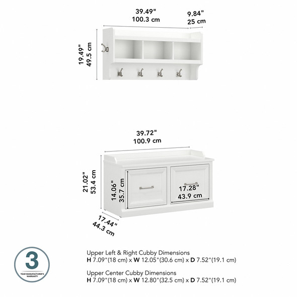 Kathy Ireland Bush Furniture Woodland 40W Shoe Storage Bench and Wall Mounted Coat Rack White Ash - WDL003WAS