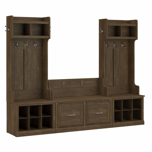 Kathy Ireland Bush Furniture Woodland Entryway Storage Set with Hall Trees and Shoe Bench Ash Brown - WDL011ABR