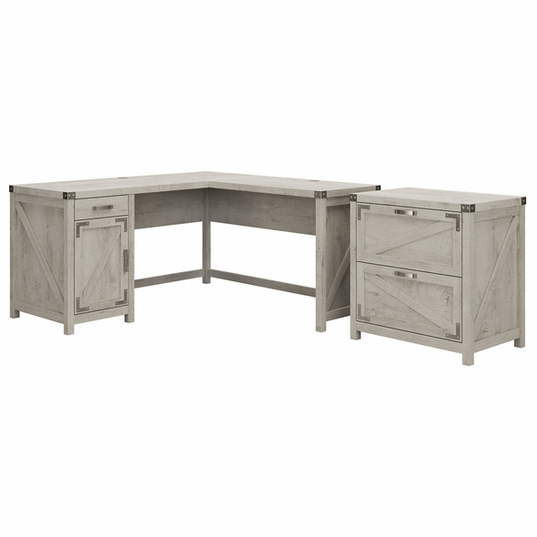 Kathy Ireland Bush Furniture Cottage Grove 60W L Shaped Desk w 2 Drawer Lateral File Cottage White - CGR004CWH