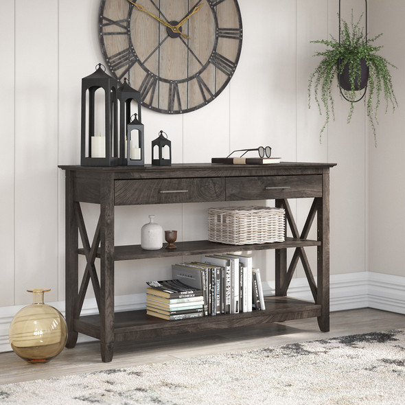 Bush Furniture Key West Console Table with Drawers and Shelves in Dark Gray Hickory - KWT248GH-03