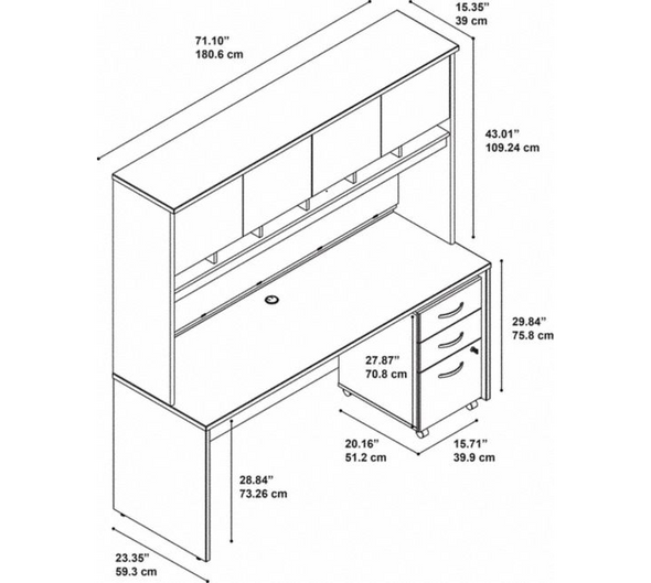 Bush Series C 72W x 24D Desk, Hutch and 3 Drawer Mobile Pedestal - SRC081MRSU