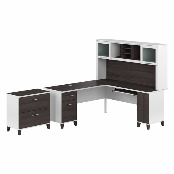 Bush Furniture 72W L Desk w Hutch and Lateral File - SET009SGWH