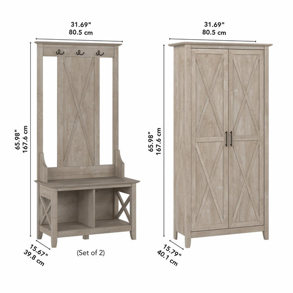 Bush Furniture Key West Entryway Storage Set with Hall Tree, Shoe Bench and Tall Cabinet - KWS057WG