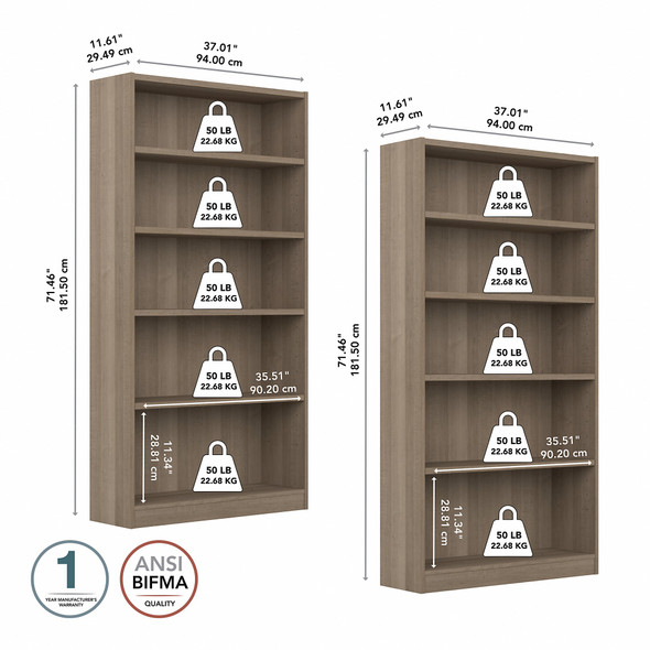 Bush Universal Bookcases Collection 5 Shelf Bookcase Set of 2 Ash Gray - UB003AG