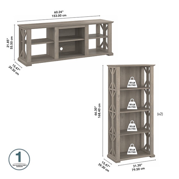 Bush Furniture Homestead 60W TV Stand w Bookcases Driftwood Gray - HOT012DG