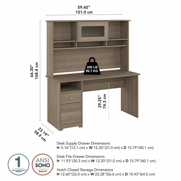 Bush Furniture Cabot Collection 60W 3 Position Sit to Stand L Shaped Desk with Hutch Ash Gray - CAB042AG