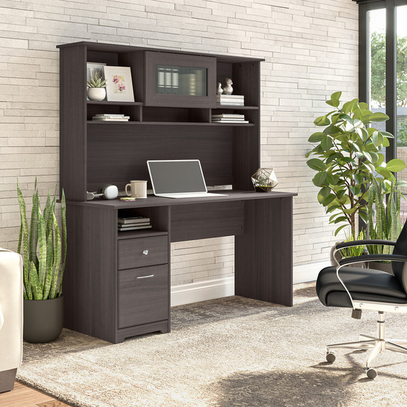 Bush Furniture Cabot Collection 60W 3 Position Sit to Stand L Shaped Desk with Hutch Heather Gray - CAB042HRG