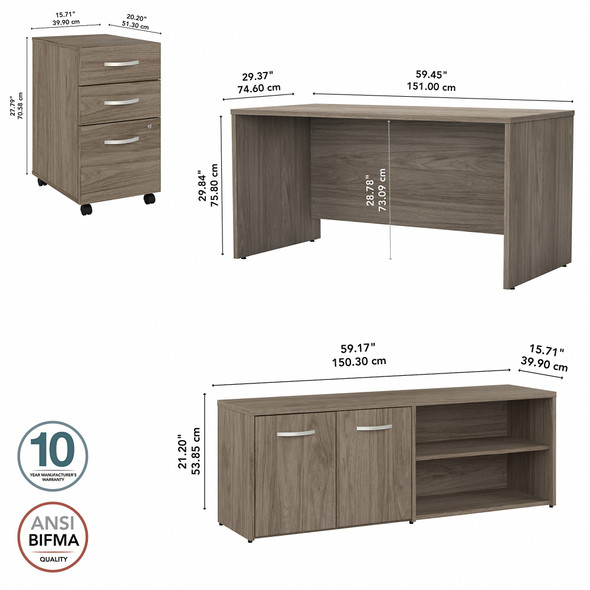 Bush Furniture Studio C 60" Desk, 3 Drawer Mobile Ped and Low Storage Modern Hickory - STC042MHSU