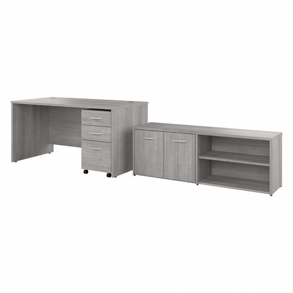 Bush Furniture Studio C 60"W Desk, 3 Drawer Mobile Ped and Low Stg Return Platinum Gray - STC042PGSU