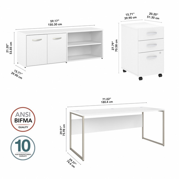 Bush Business Furniture Hybrid 72W x 30D Computer Table Desk with Storage and Mobile File Cabinet In White - HYB014WHSU