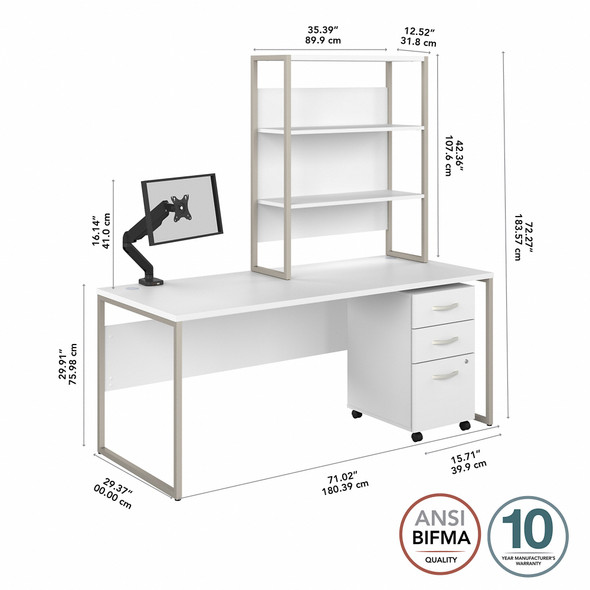 Bush Business Furniture Hybrid 72W x 30D Computer Desk with Hutch, Mobile File Cabinet and Monitor Arm In White - HYB019WHSU