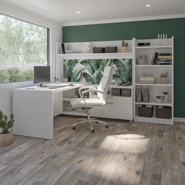 Bestar Pro-Linea 102W 72W L-Shaped Desk with Hutch and Bookcase in White - 120896-17