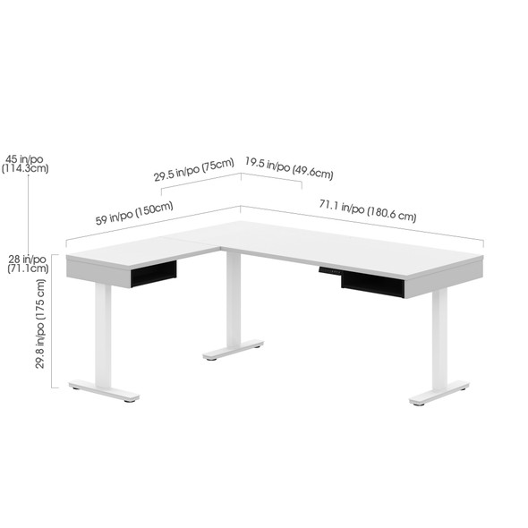 Bestar Pro-Vega 81W L-Shaped Standing Desk with Credenza in White & Black - 130850-000017