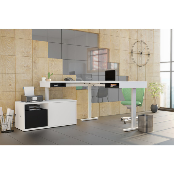 Bestar Pro-Vega 81W L-Shaped Standing Desk with Credenza in White & Black - 130850-000017
