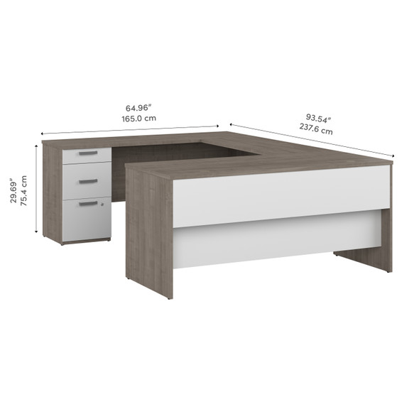 Bestar Ridgeley 65W U Shaped Desk in Silver Maple & Pure White - 152856-000144