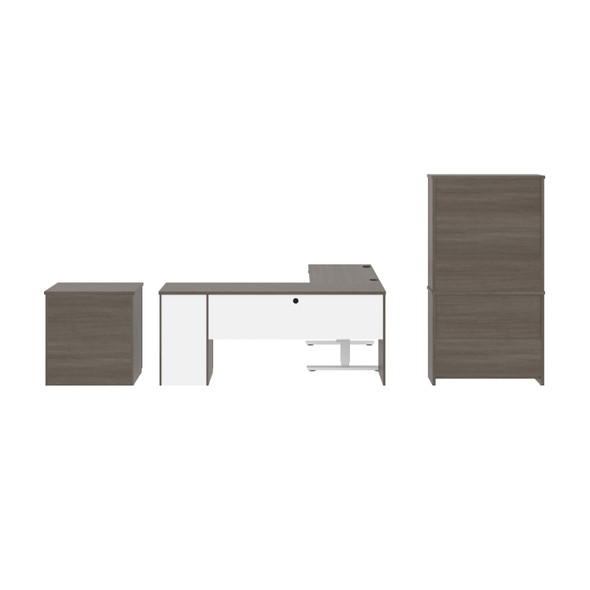 BESTAR Upstand 135W 72W L-Shaped Standing Desk with Bookcase and File Cabinet in Bark Grey & White - 175853-000047 