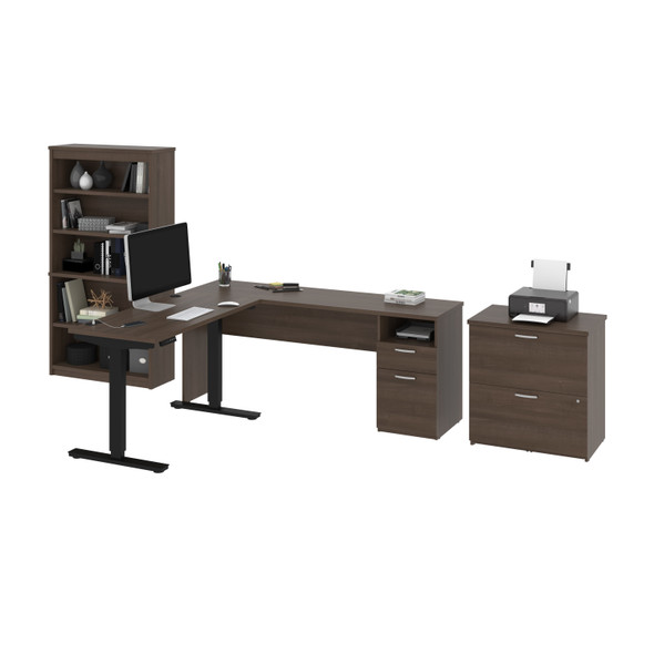 BESTAR Upstand 135W 72W L-Shaped Standing Desk with Bookcase and File Cabinet in Antigua - 175853-000052