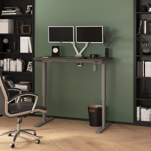Bestar Upstand 48W x 24D Standing Desk with Dual Monitor Arm in Bark Grey - 175860-000047 