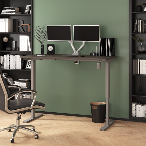 Bestar Upstand 60W x 30D Standing Desk with Dual Monitor Arm in Bark Grey - 175870-000047