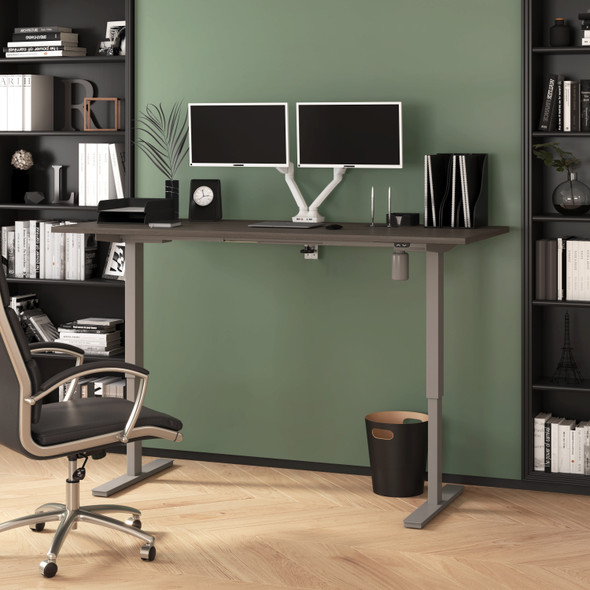 Bestar Upstand 72W x 30D Standing Desk with Dual Monitor Arm in Bark Grey - 175880-000047