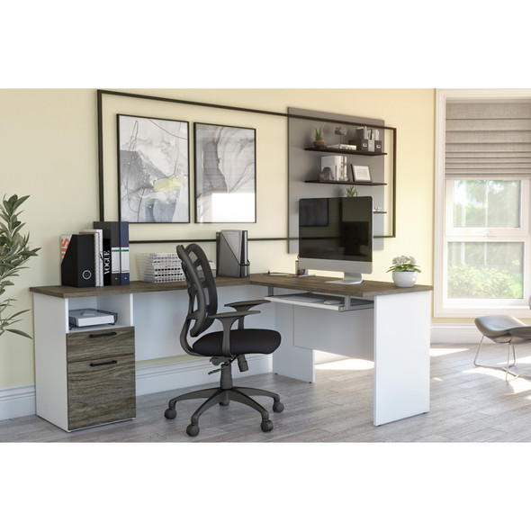 Bestar Norma 71W L-Shaped Desk in Walnut Grey & White - 181420-000035