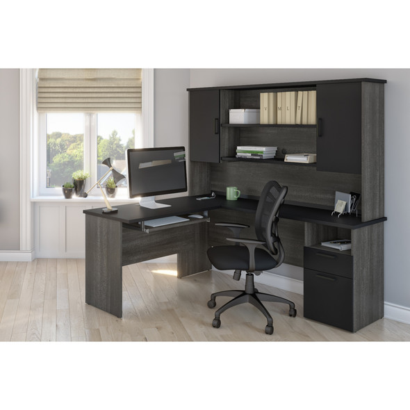 Bestar Norma 71W L-Shaped Desk with Hutch in Black & Bark Gray - 181850-000018