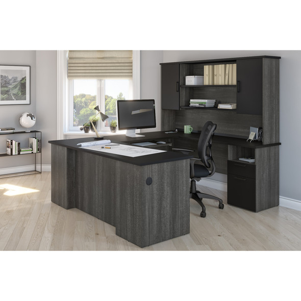 Bestar Norma 71W U or L-Shaped Executive Desk with Hutch in Black & Bark Gray - 181852-000018