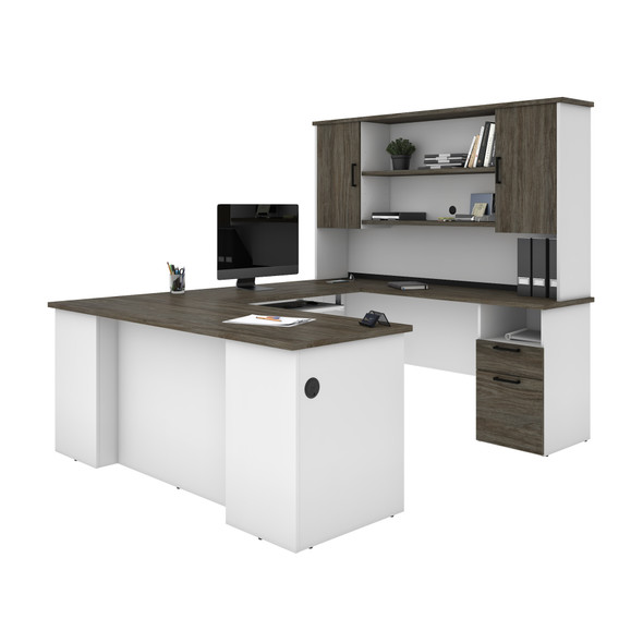 Bestar Norma 71W U or L-Shaped Executive Desk with Hutch in Walnut Grey & White - 181852-000035