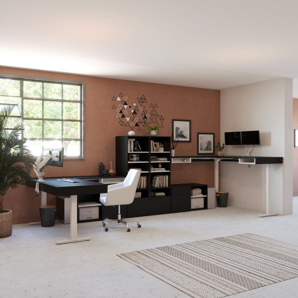 Bestar Viva Two 72W L-Shaped Standing Desks with Dual Monitor Arms and Storage in Black - 19854-18