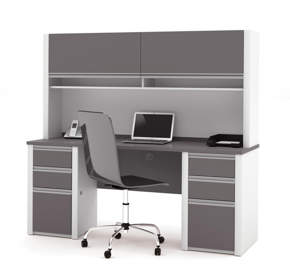 Bestar Connexion 72W Credenza Desk with Two Pedestals and Hutch in Slate & Sandstone - 93860-59