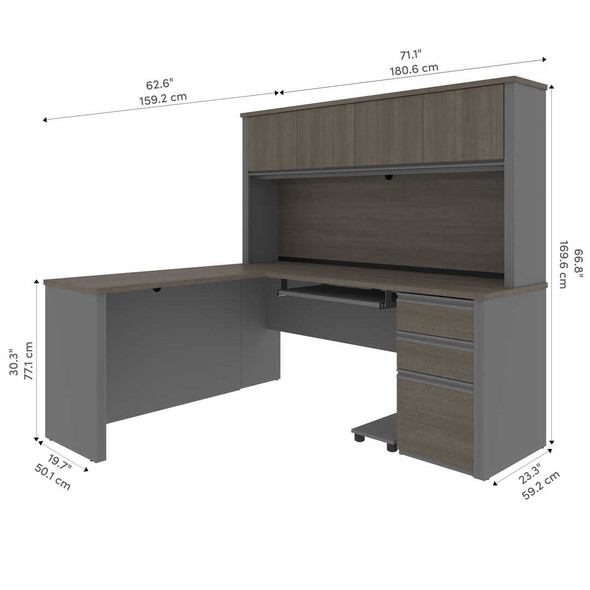 Bestar Prestige + 72W L-Shaped Desk with Pedestal and Hutch in Bark Grey & Slate - 99872-000047