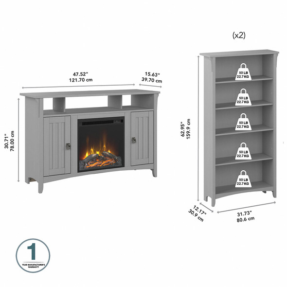 Bush Furniture Salinas Fireplace TV Stand for 55 Inch TV with 5 Shelf Bookcases in Cape Cod Gray - SAL061CG