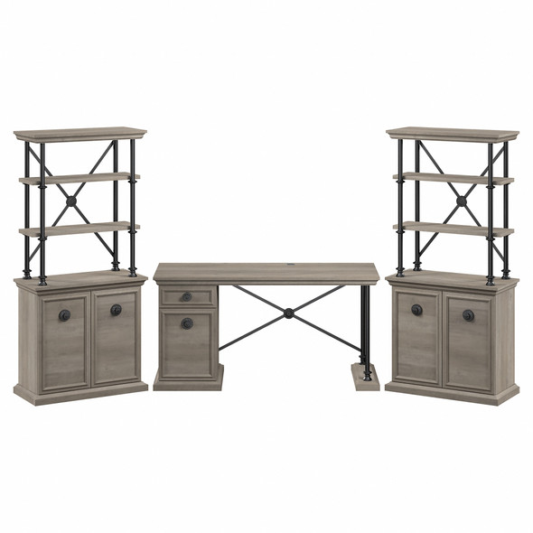 Bush Furniture Coliseum 60W Designer Desk with Set of Two Bookcases with Doors in Driftwood Gray - CSM004DG