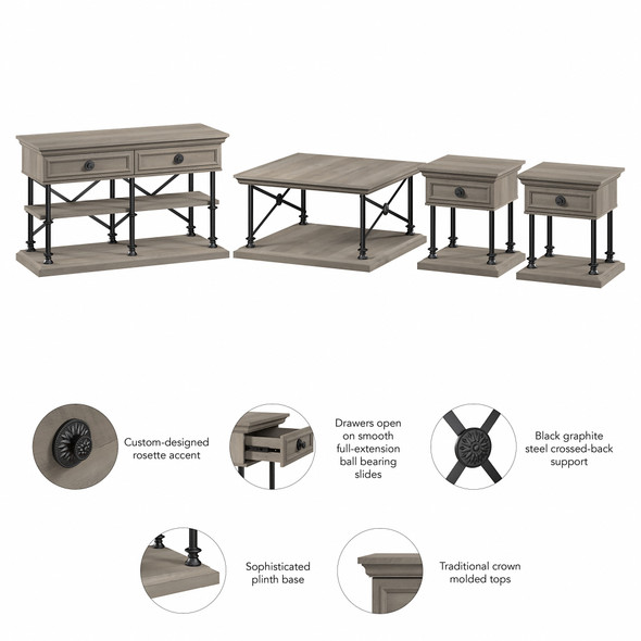 Bush Furniture Coliseum Square Coffee Table, Console Table, and Two End Tables in Driftwood Gray - CSM007DG