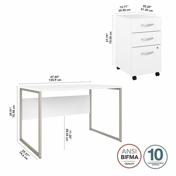 Bush Business Furniture Hybrid 48W x 30D Computer Table Desk with 3 Drawer Mobile File Cabinet White - HYB030WHSU