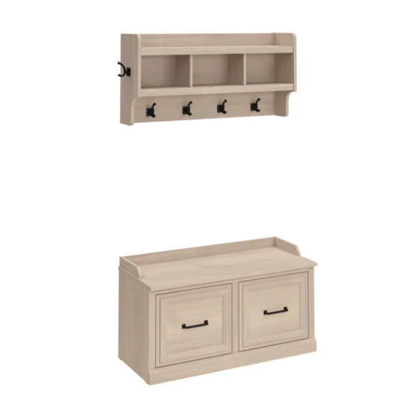 Kathy Ireland Bush Furniture Woodland 40W Shoe Storage Bench and Wall Mounted Coat Rack Warm Maple - WDL003WM