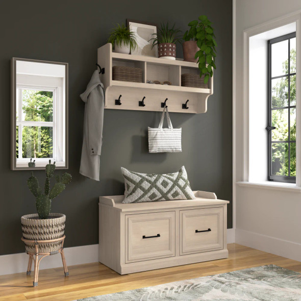 Kathy Ireland Bush Furniture Woodland 40W Shoe Storage Bench and Wall Mounted Coat Rack Warm Maple - WDL003WM