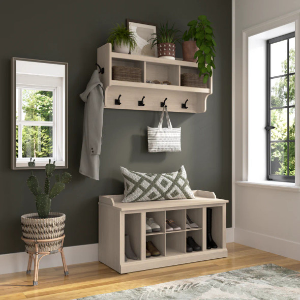 Kathy Ireland Bush Furniture Woodland 40W Shoe Storage Bench and Wall Mounted Coat Rack Warm Maple - WDL004WM