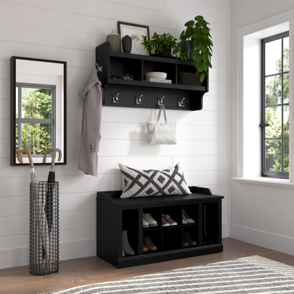 Kathy Ireland Bush Furniture Woodland 40W Shoe Storage Bench and Wall Mounted Coat Rack Black Suede Oak - WDL004BS