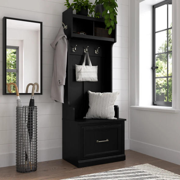 Kathy Ireland Bush Furniture Woodland 24W Hall Tree and Small Shoe Bench Black Suede Oak - WDL007BS