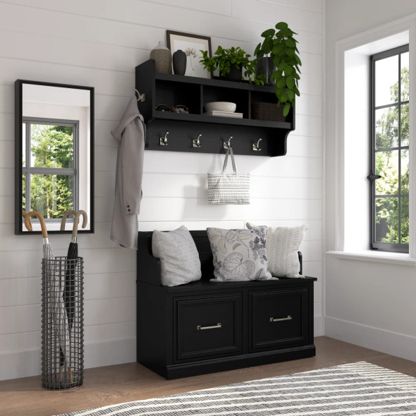 Kathy Ireland Bush Furniture Woodland 40W Entryway Bench and Wall Mounted Coat Rack Black Suede Oak - WDL009BS