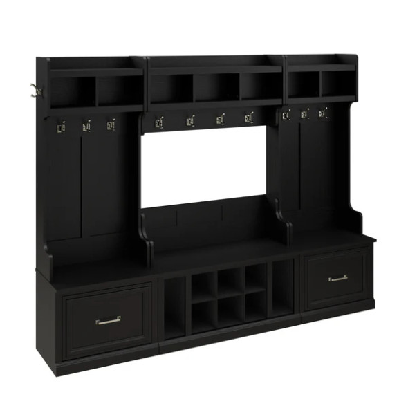 Kathy Ireland Bush Furniture Woodland Full Entryway Storage Set with Coat Rack and Shoe Bench Black Suede Oak - WDL014BS