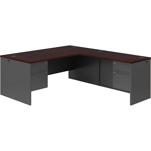 HON 38000 L-Shaped Metal Desk Workstation with Return on Right Charcoal / Mahogany- 38292L_38215RNS