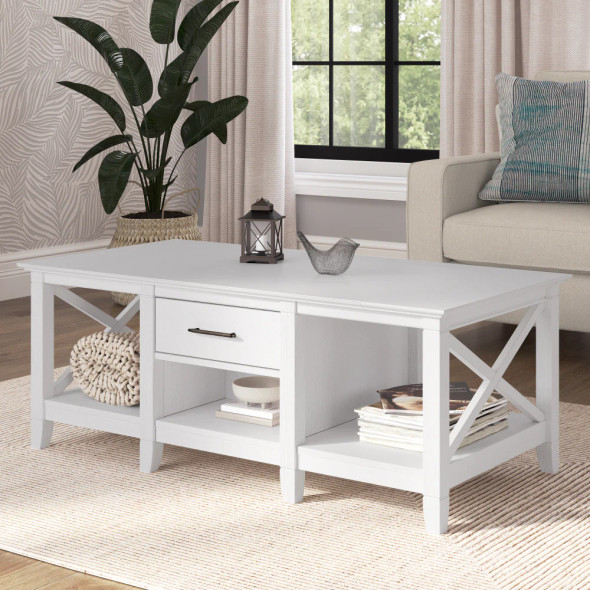 Bush Furniture Key West Coffee Table with Storage in Pure White Oak - KWT148WT-03