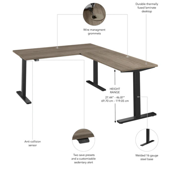 Bush Furniture Move 60 Series 60W Height Adjustable L Shaped Standing Desk Modern Hickory - M6SL6078MHBK