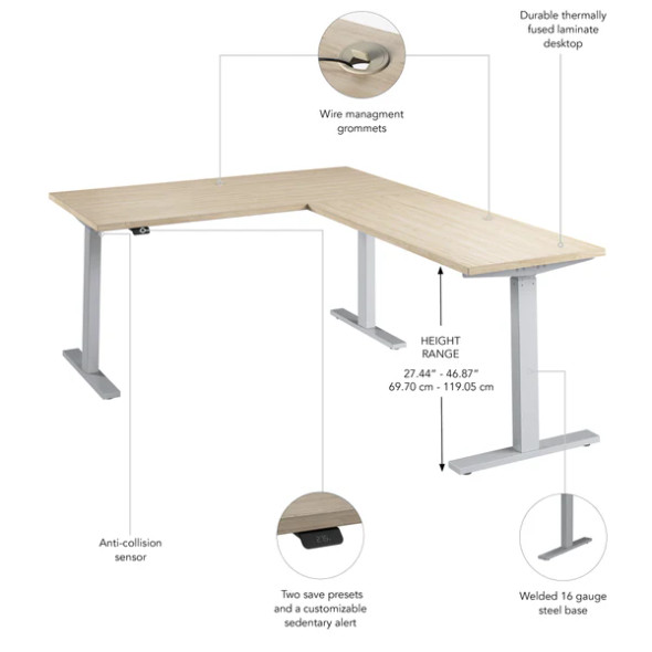 Bush Furniture Move 60 Series 60W Height Adjustable L Shaped Standing Desk Natural Elm / Silver - M6SL6078NESK