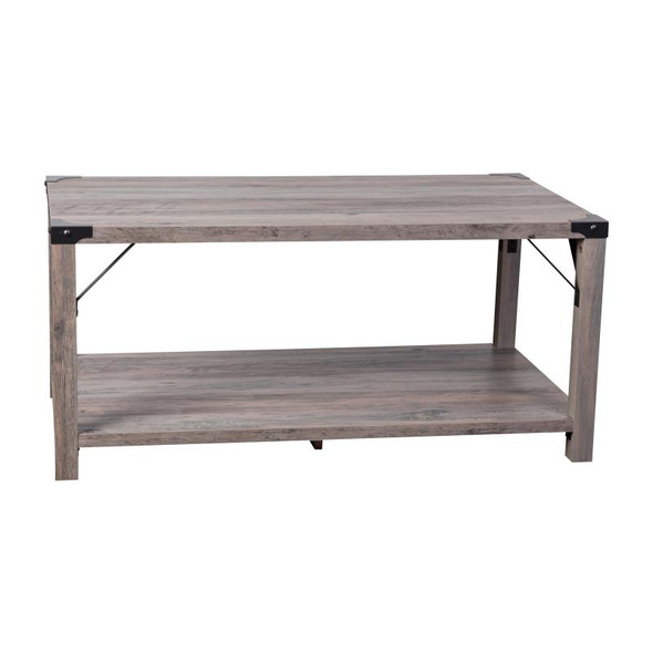 Flash Furniture Wyatt Modern Farmhouse Wooden 2 Tier Coffee Table with Black Metal Corner Accents and Cross Bracing, Gray Wash - ZG-037-GY-GG