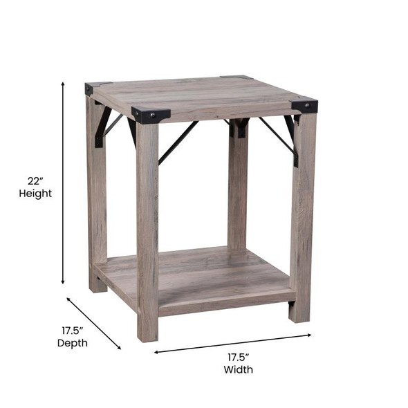 Flash Furniture Wyatt Modern Farmhouse Wooden 2 Tier End Table with Black Metal Corner Accents and Cross Bracing, Gray Wash - ZG-036-GY-GG